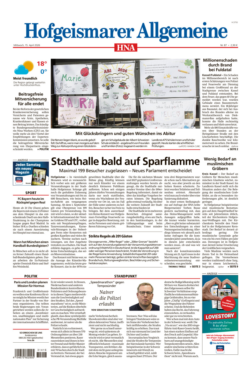 Hofgeismarer Allgemeine vom Mittwoch, 15.04.2026