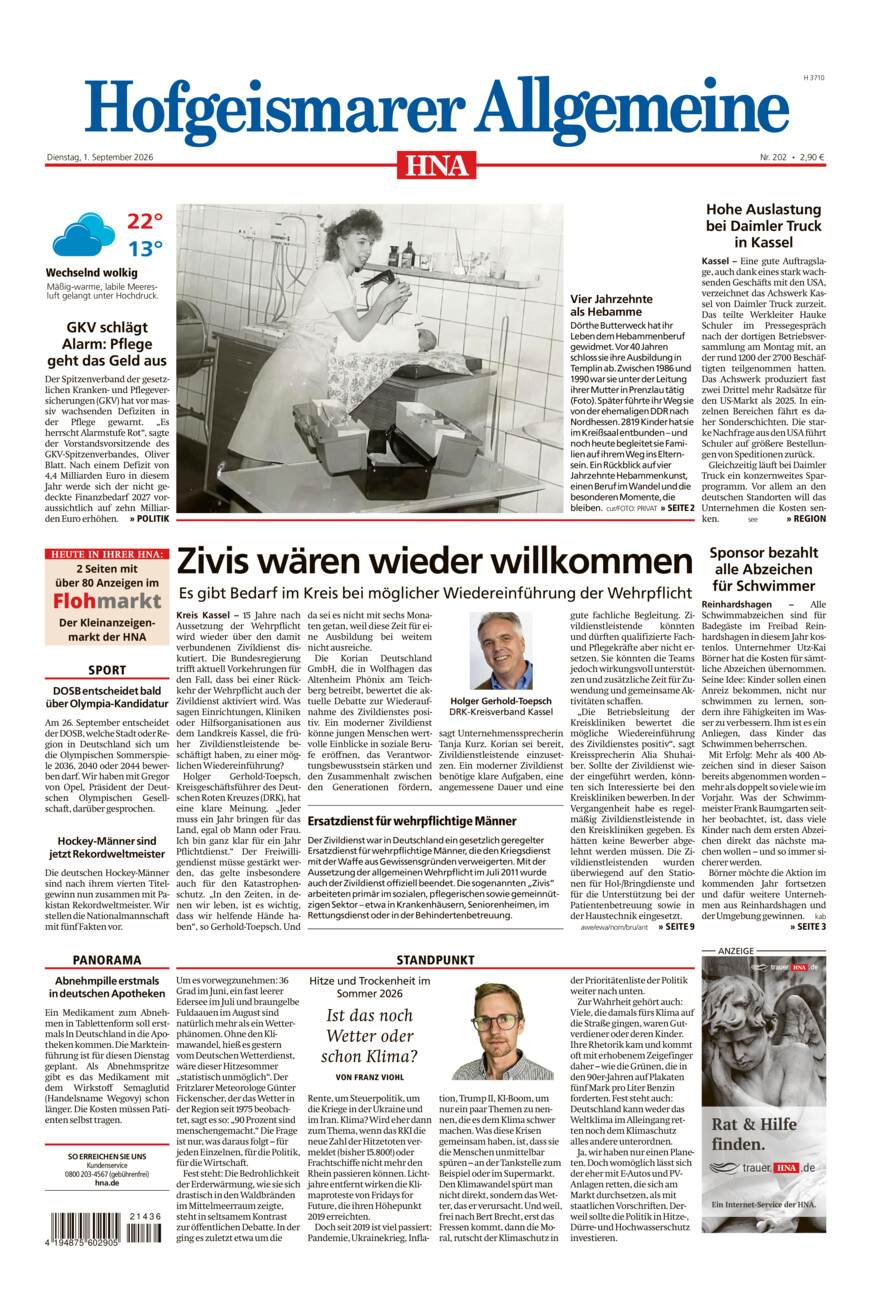 Hofgeismarer Allgemeine vom Dienstag, 01.09.2026