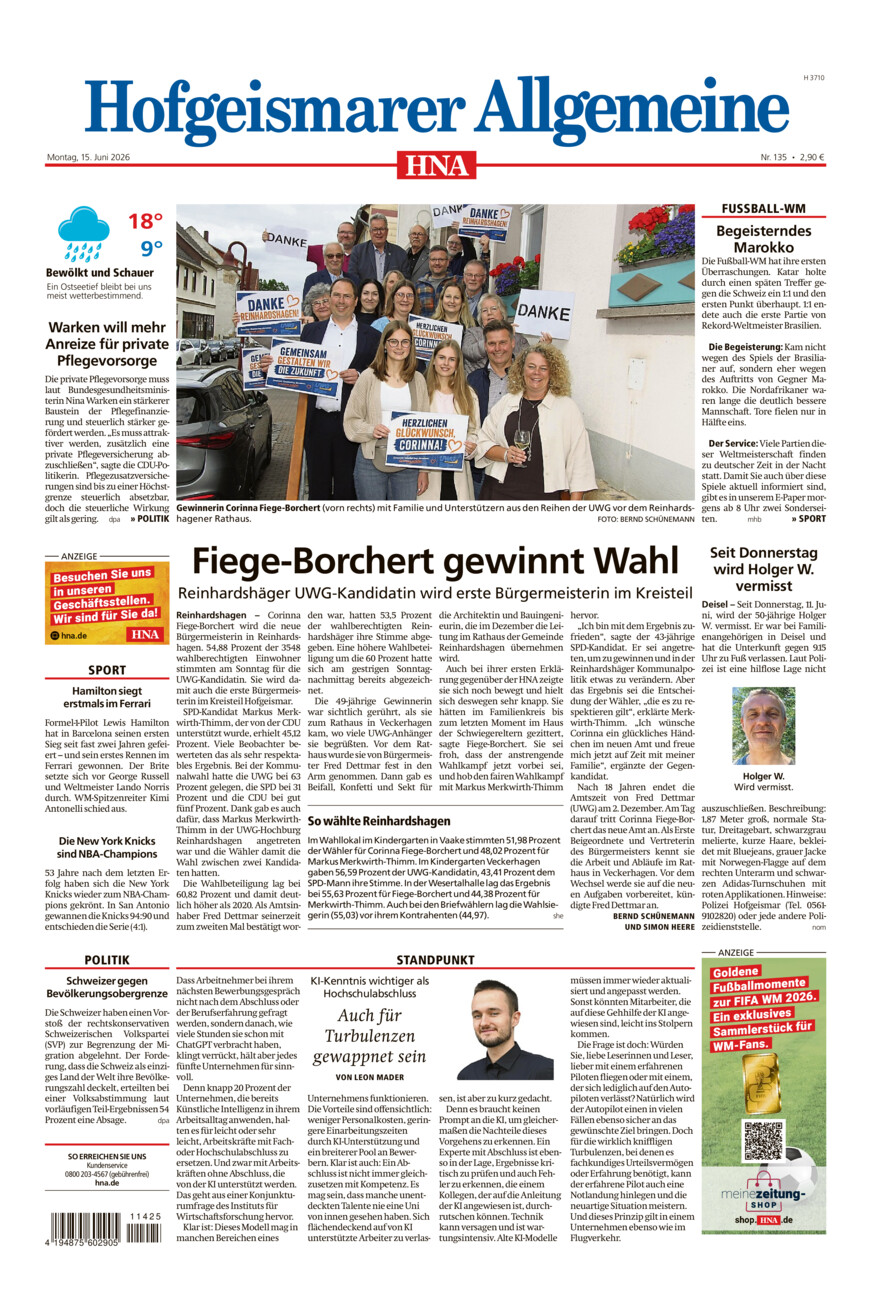 Hofgeismarer Allgemeine vom Montag, 15.06.2026