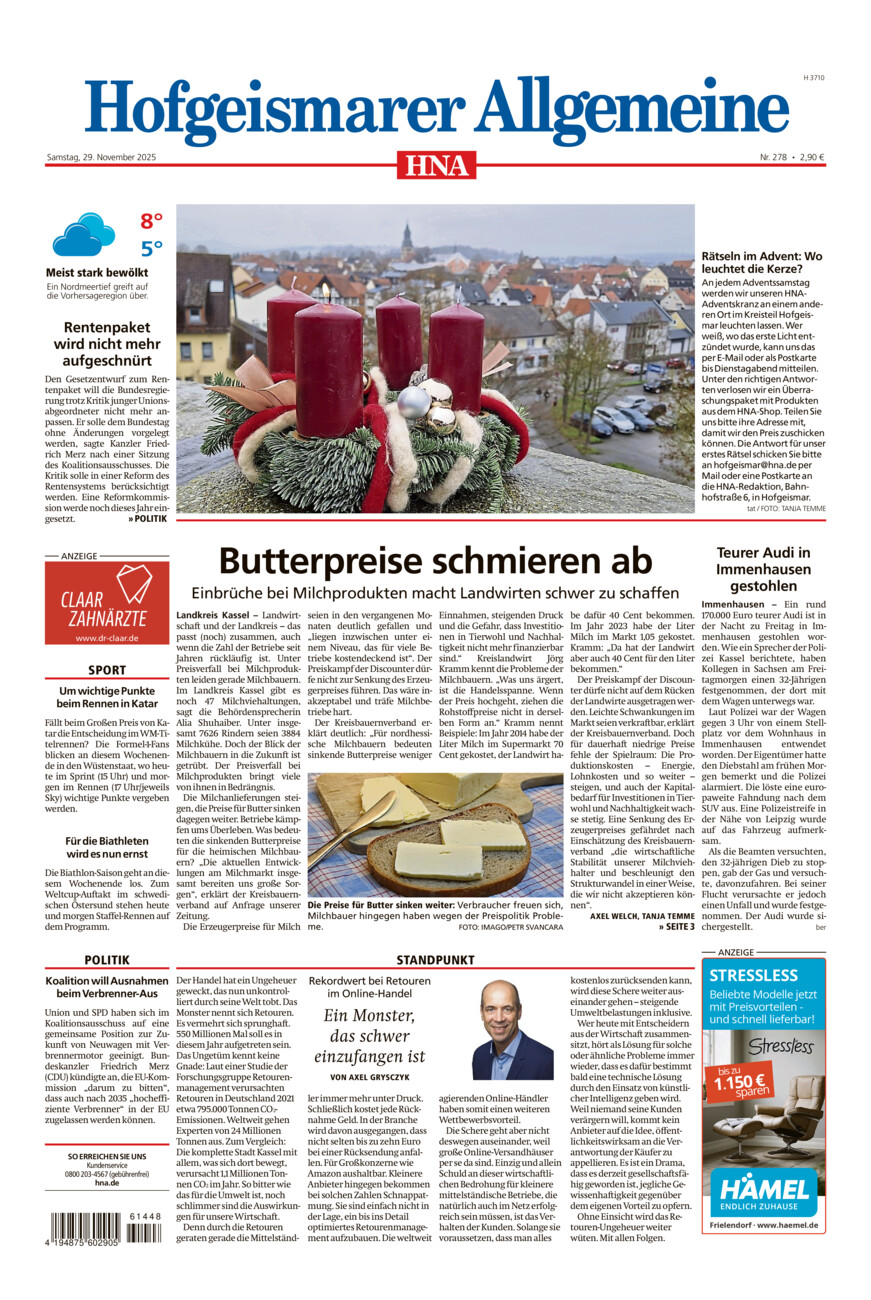 Hofgeismarer Allgemeine vom Samstag, 29.11.2025