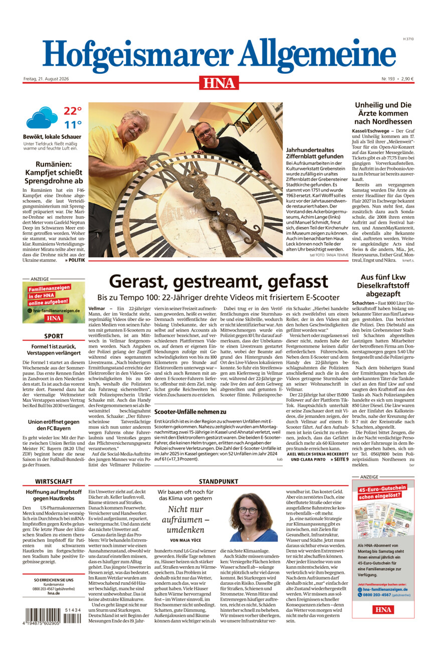 Hofgeismarer Allgemeine vom Freitag, 21.08.2026