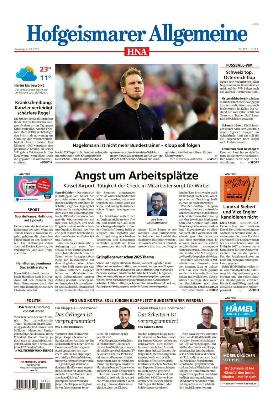 Hofgeismarer Allgemeine vom Samstag, 04.07.2026