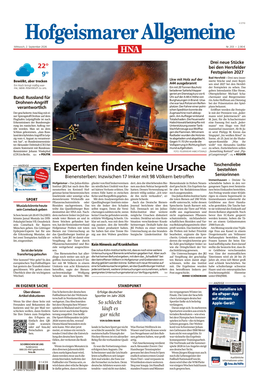 Hofgeismarer Allgemeine vom Mittwoch, 02.09.2026