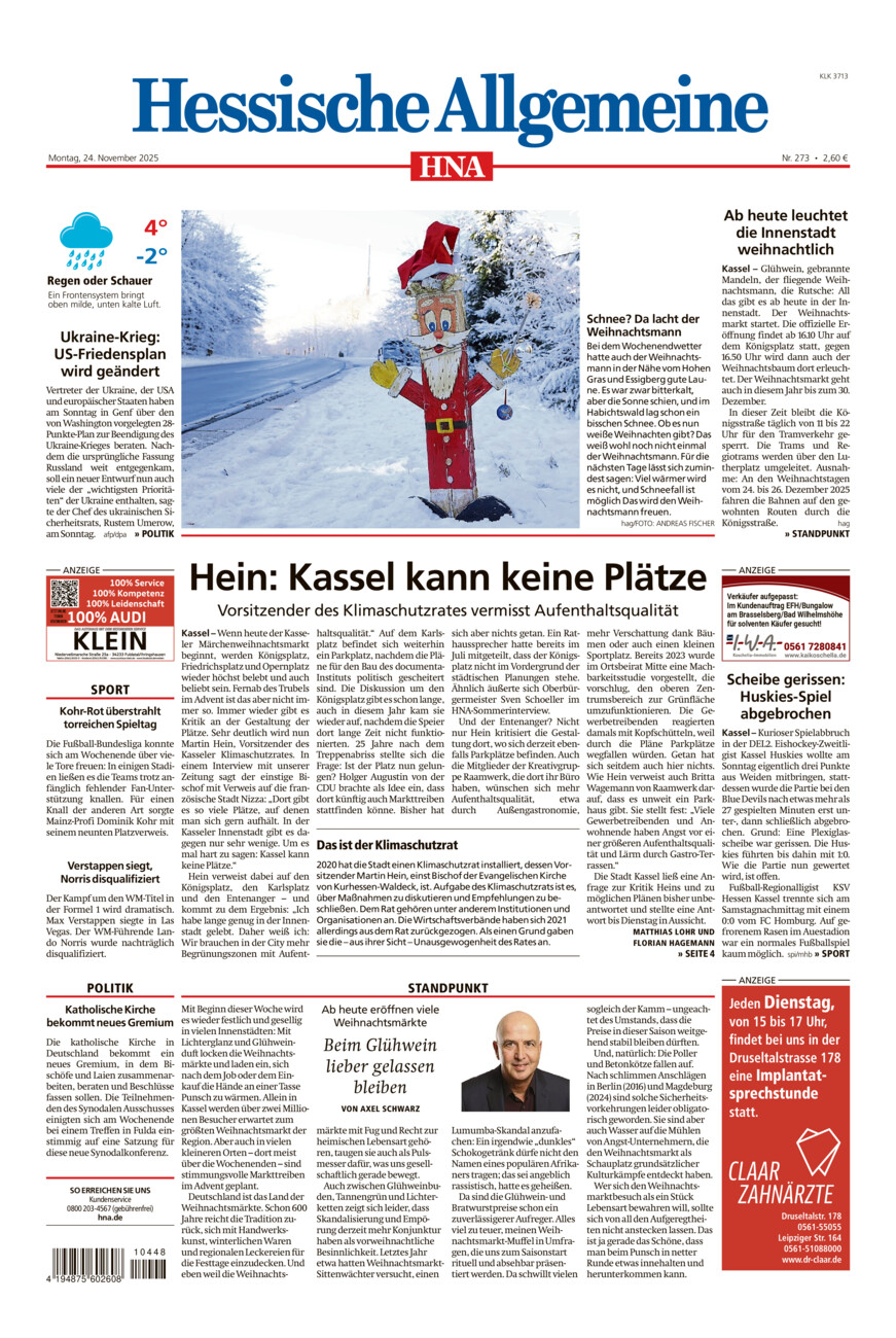 Hessische Allgemeine (Kassel-Ost) vom Montag, 24.11.2025