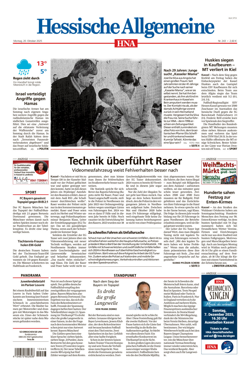 Hessische Allgemeine (Kassel-Ost) vom Montag, 20.10.2025