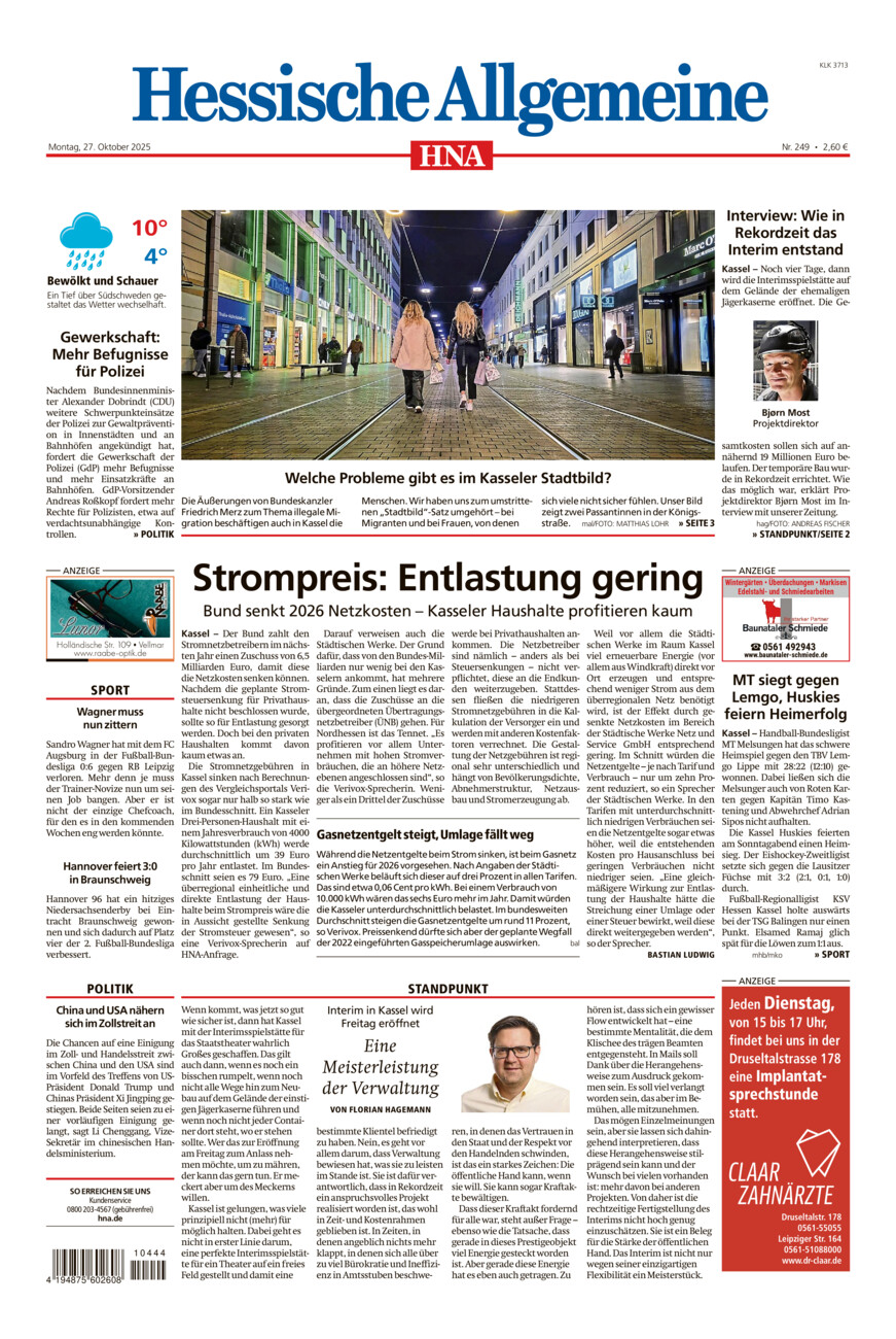 Hessische Allgemeine (Kassel-Ost) vom Montag, 27.10.2025
