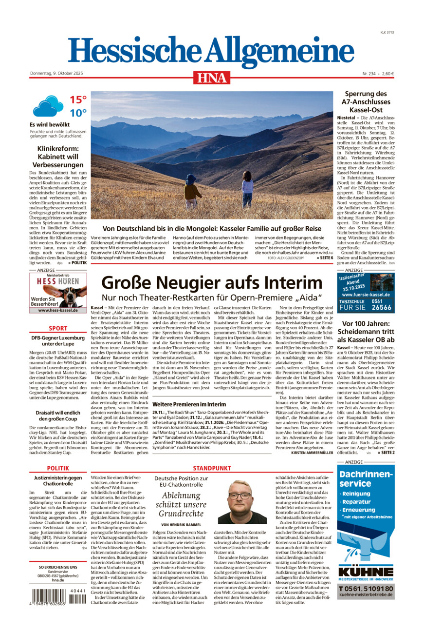 Hessische Allgemeine (Kassel-Ost) vom Donnerstag, 09.10.2025