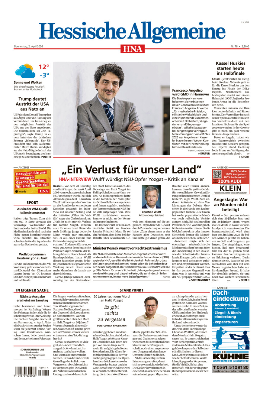 Hessische Allgemeine (Kassel-Ost) vom Donnerstag, 02.04.2026