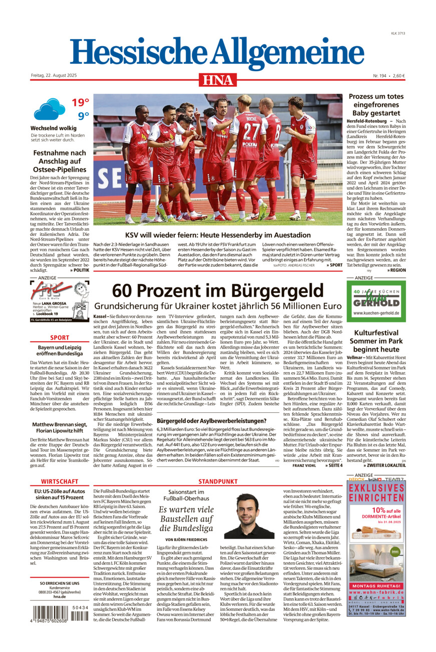 Hessische Allgemeine (Kassel-Ost) vom Freitag, 22.08.2025