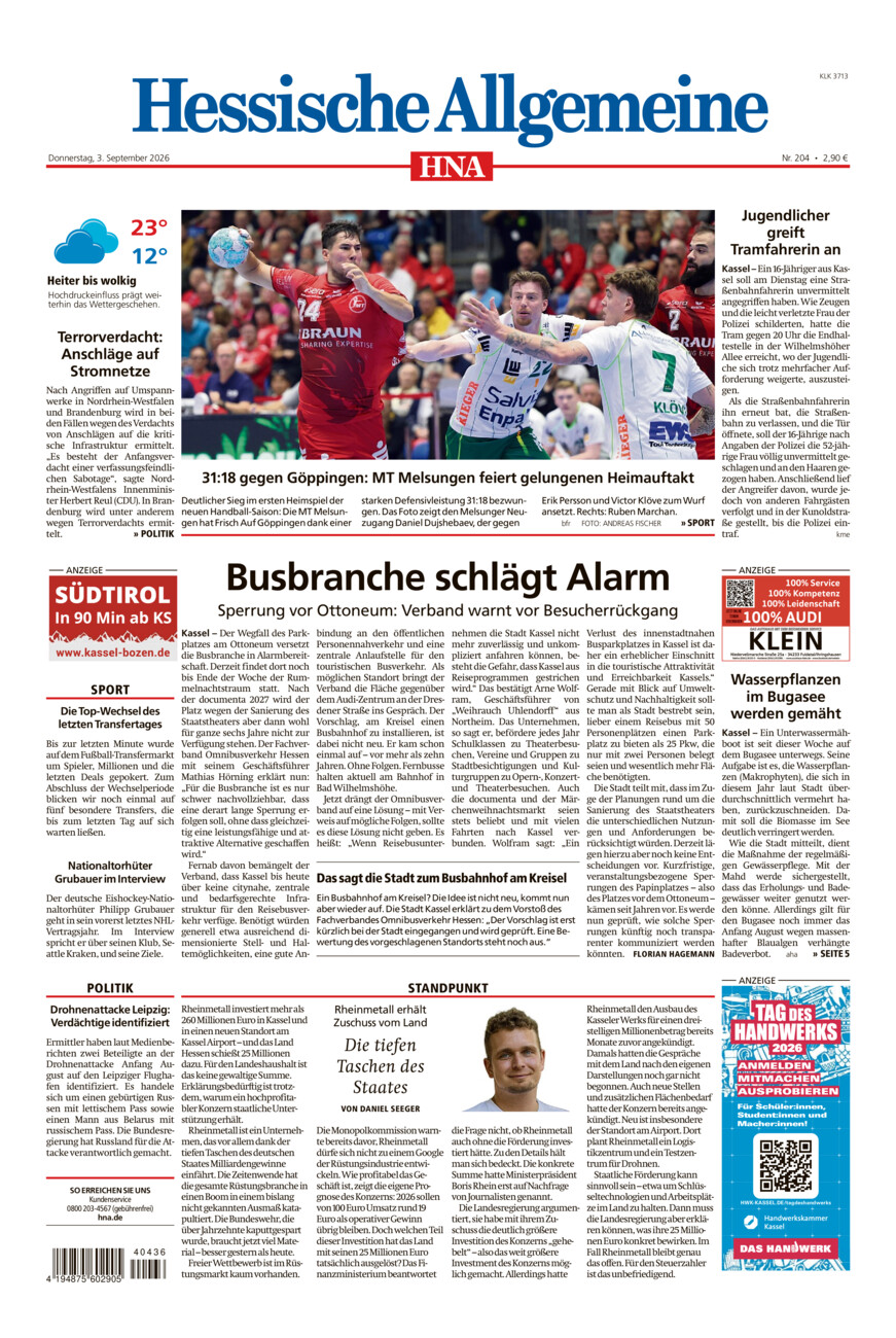 Hessische Allgemeine (Kassel-Ost) vom Donnerstag, 03.09.2026