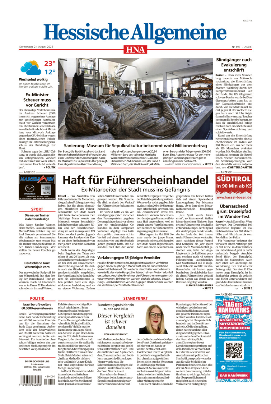 Hessische Allgemeine (Kassel-Ost) vom Donnerstag, 21.08.2025