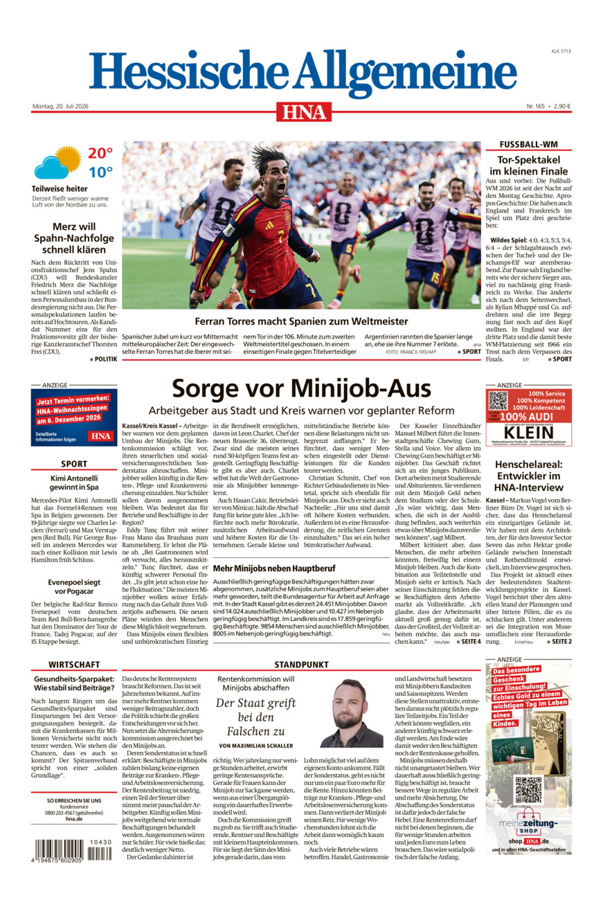 Hessische Allgemeine (Kassel-Ost) vom Montag, 20.07.2026