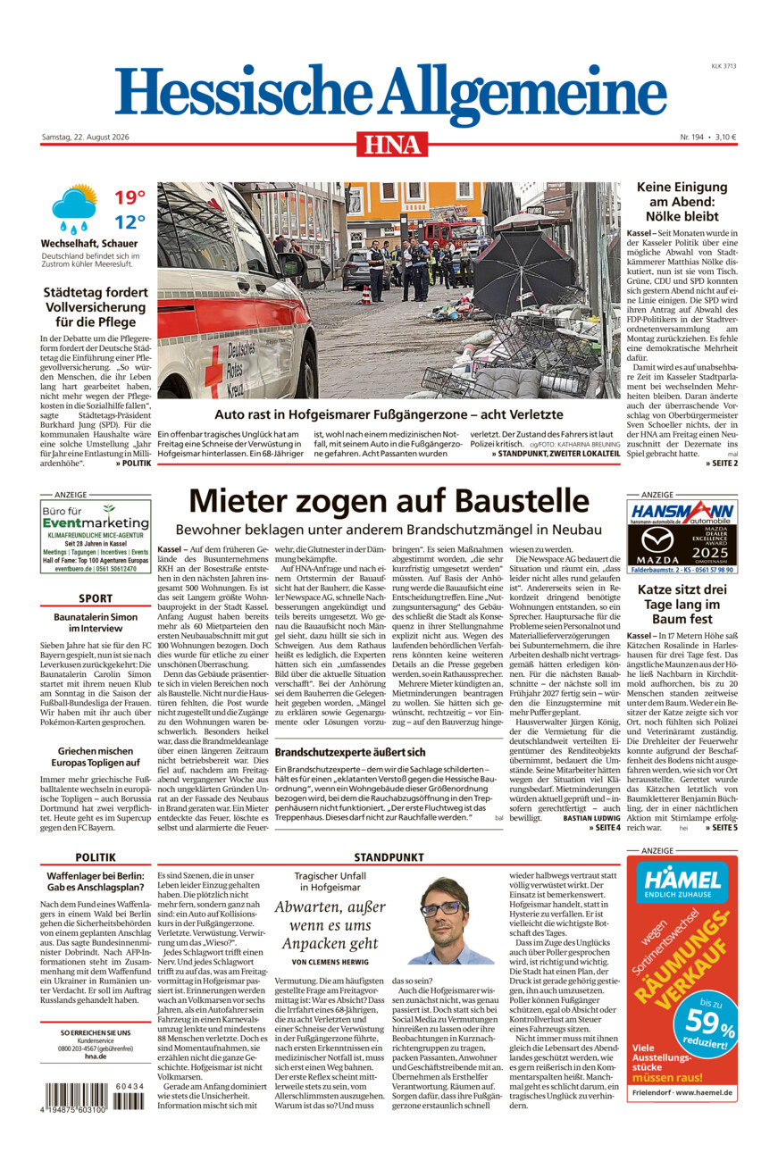 Hessische Allgemeine (Kassel-Ost) vom Samstag, 22.08.2026