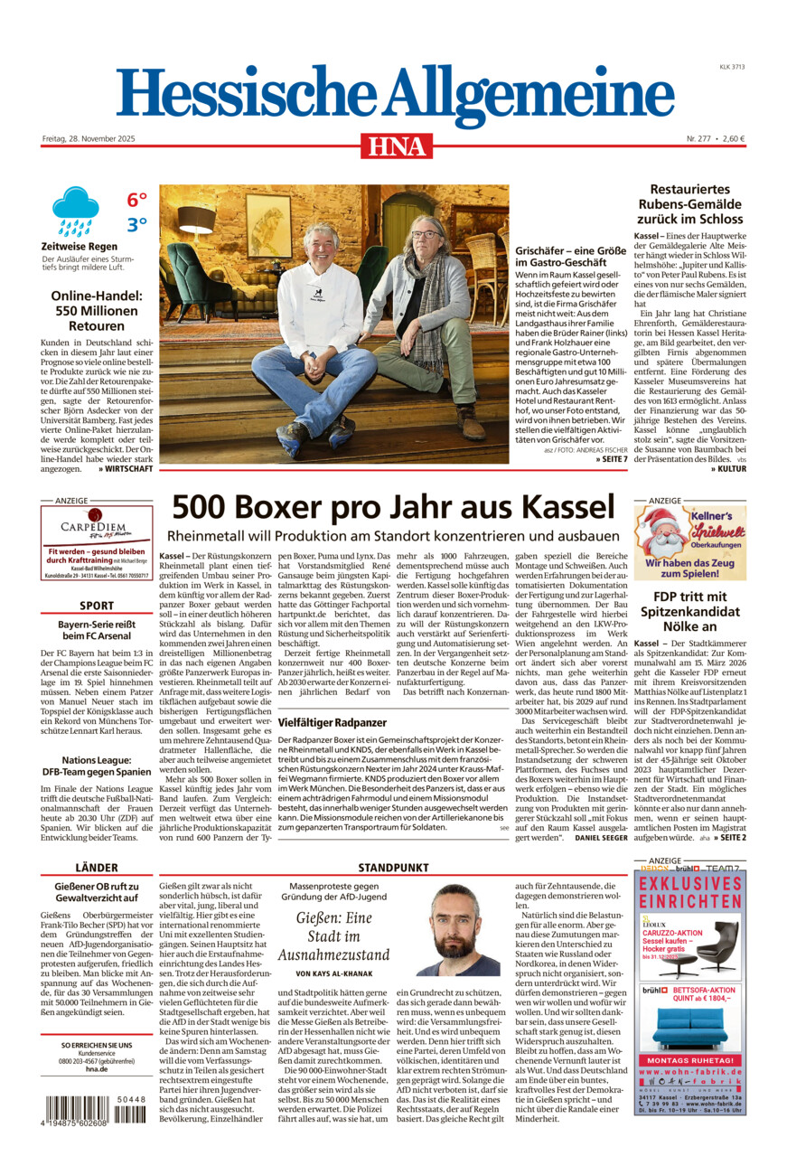 Hessische Allgemeine (Kassel-Ost) vom Freitag, 28.11.2025