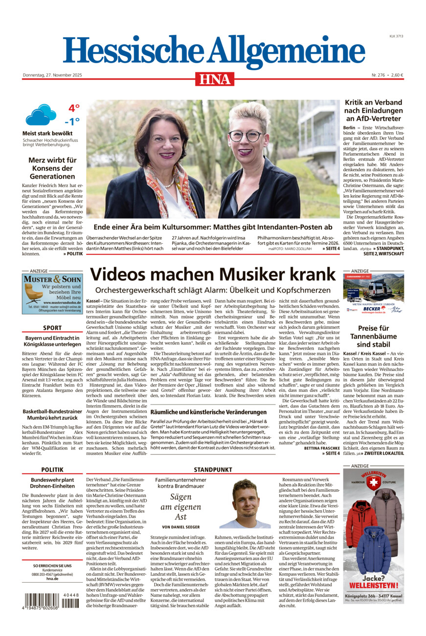 Hessische Allgemeine (Kassel-Ost) vom Donnerstag, 27.11.2025