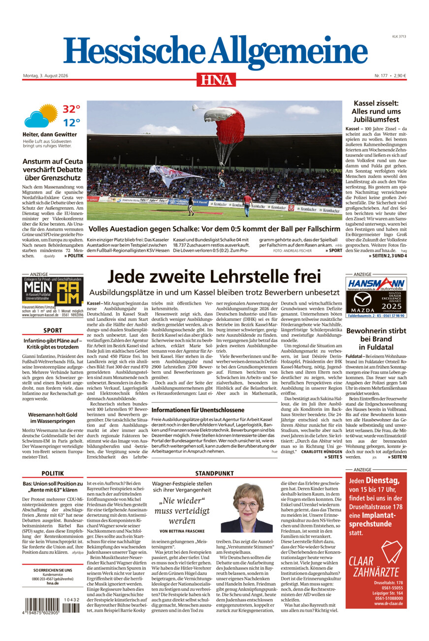 Hessische Allgemeine (Kassel-Ost) vom Montag, 03.08.2026