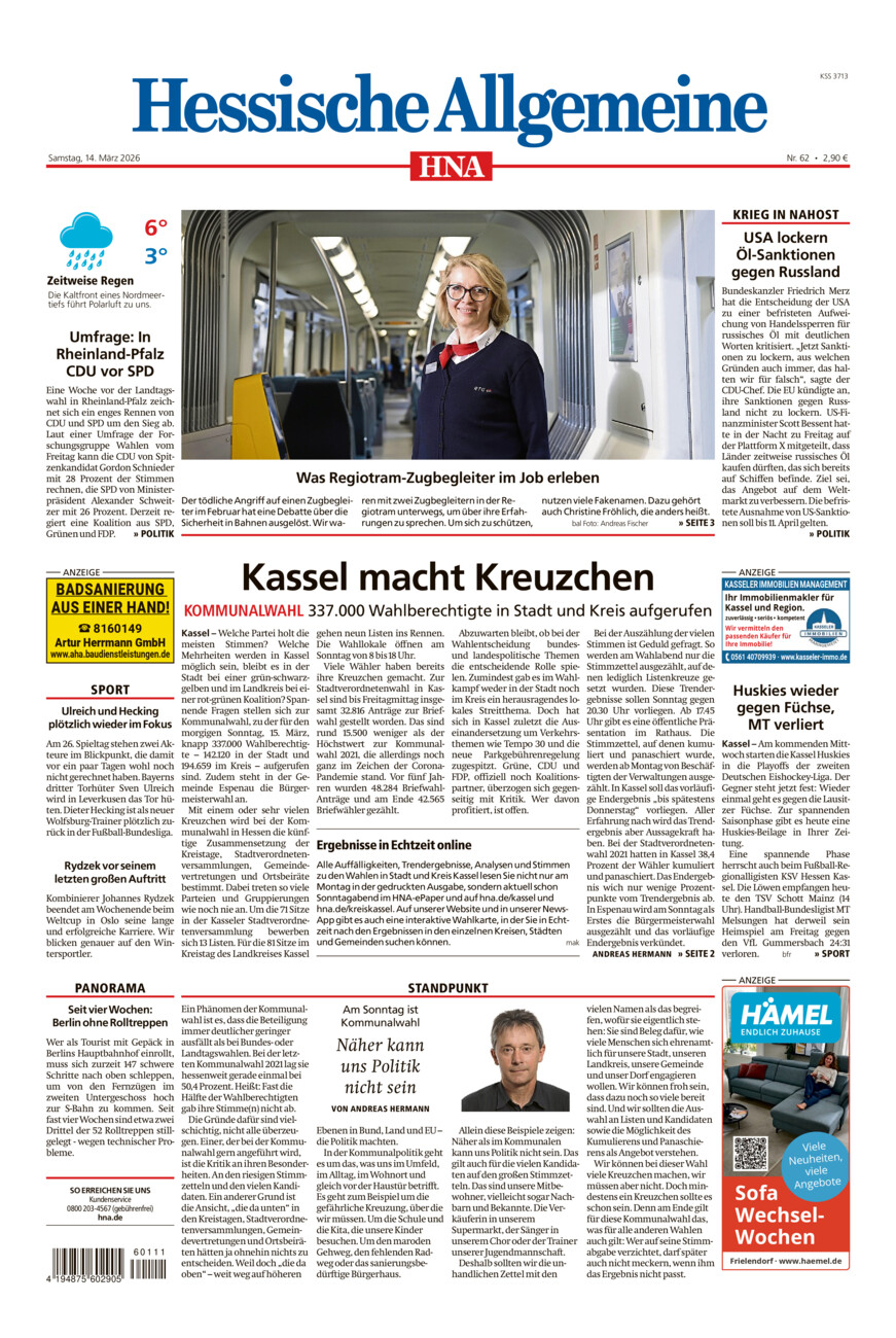 Hessische Allgemeine (Kassel-Mitte) vom Samstag, 14.03.2026