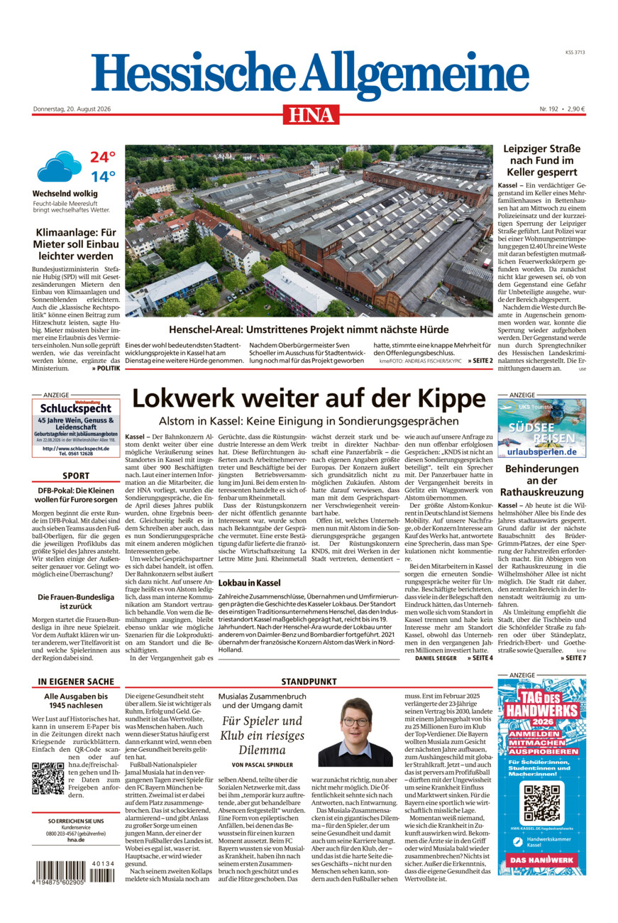 Hessische Allgemeine (Kassel-Mitte) vom Donnerstag, 20.08.2026