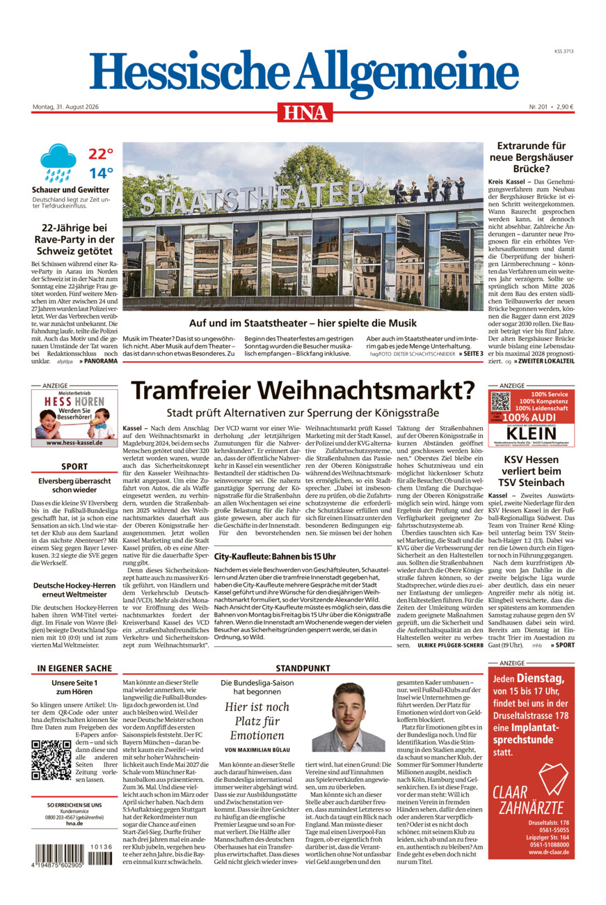Hessische Allgemeine (Kassel-Mitte) vom Montag, 31.08.2026