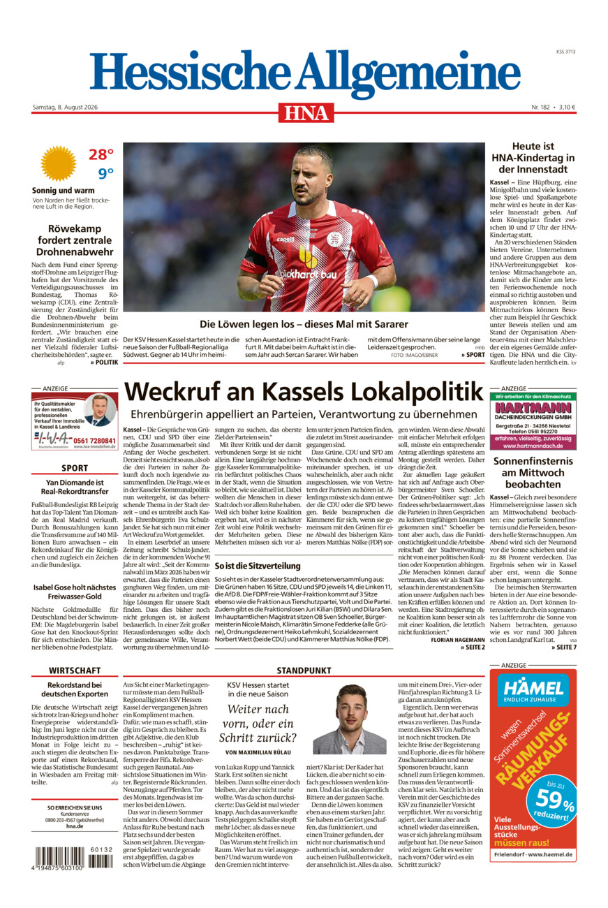 Hessische Allgemeine (Kassel-Mitte) vom Samstag, 08.08.2026