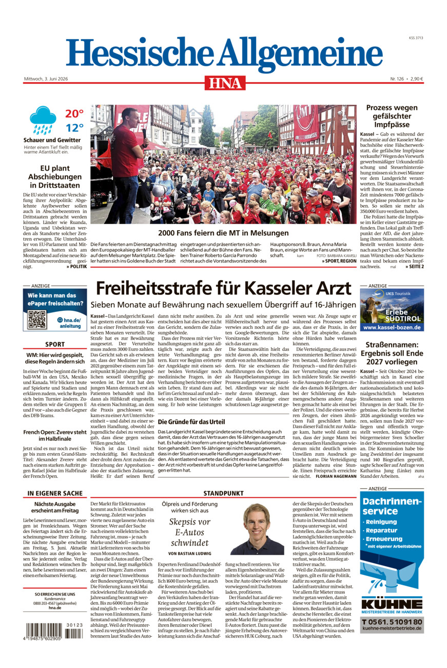 Hessische Allgemeine (Kassel-Mitte) vom Mittwoch, 03.06.2026