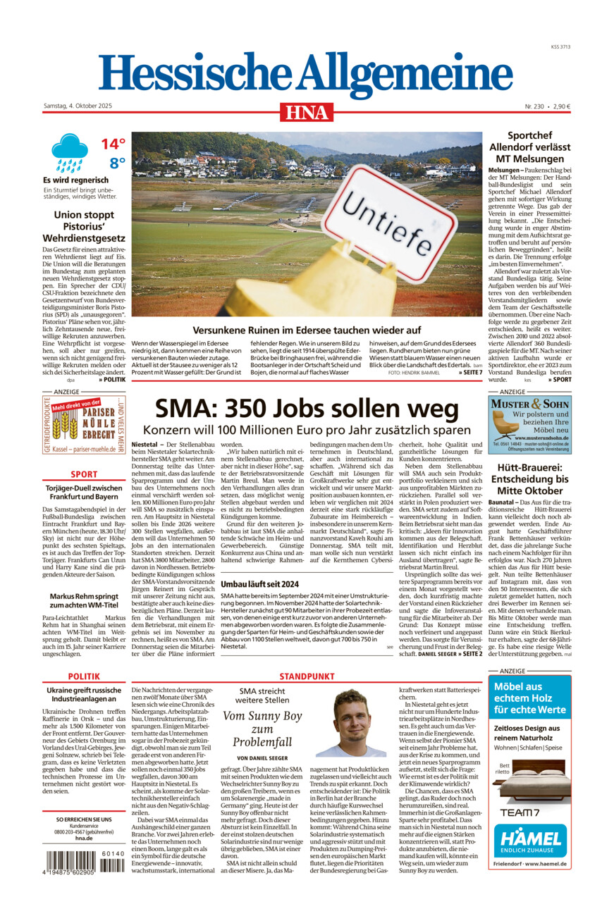 Hessische Allgemeine (Kassel-Mitte) vom Samstag, 04.10.2025