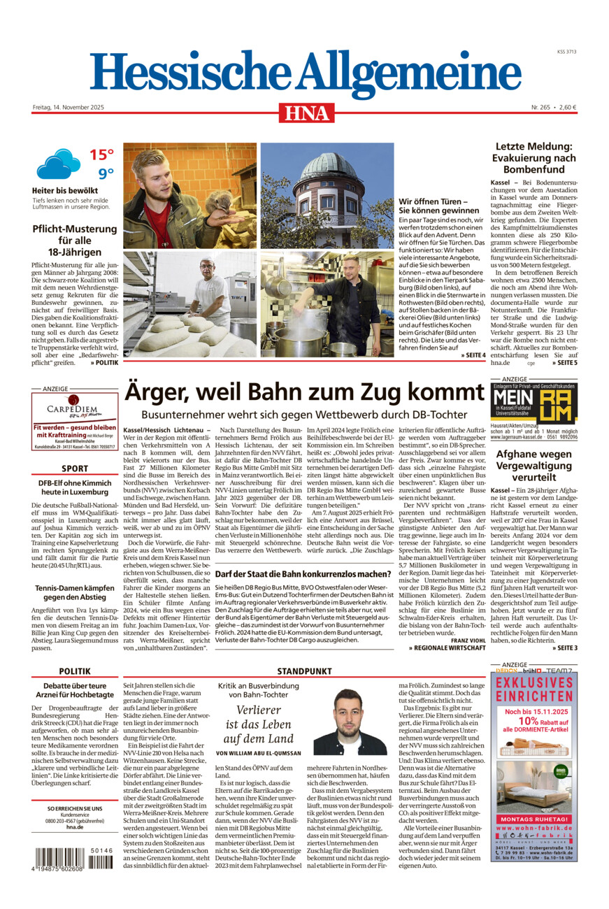 Hessische Allgemeine (Kassel-Mitte) vom Freitag, 14.11.2025