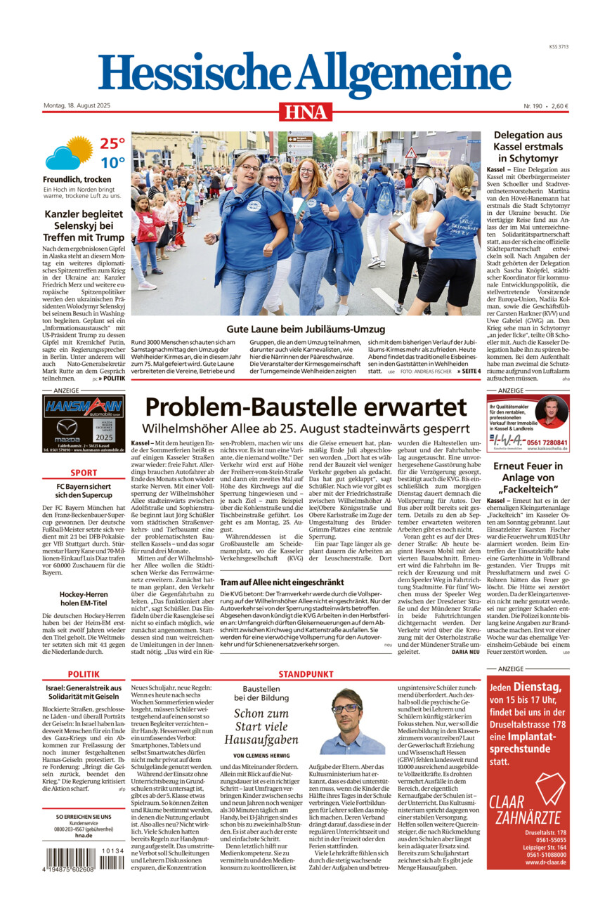Hessische Allgemeine (Kassel-Mitte) vom Montag, 18.08.2025