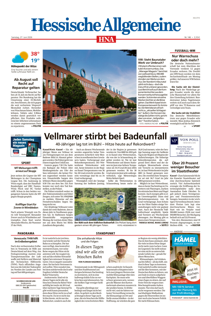 Hessische Allgemeine (Kassel-Mitte) vom Samstag, 27.06.2026