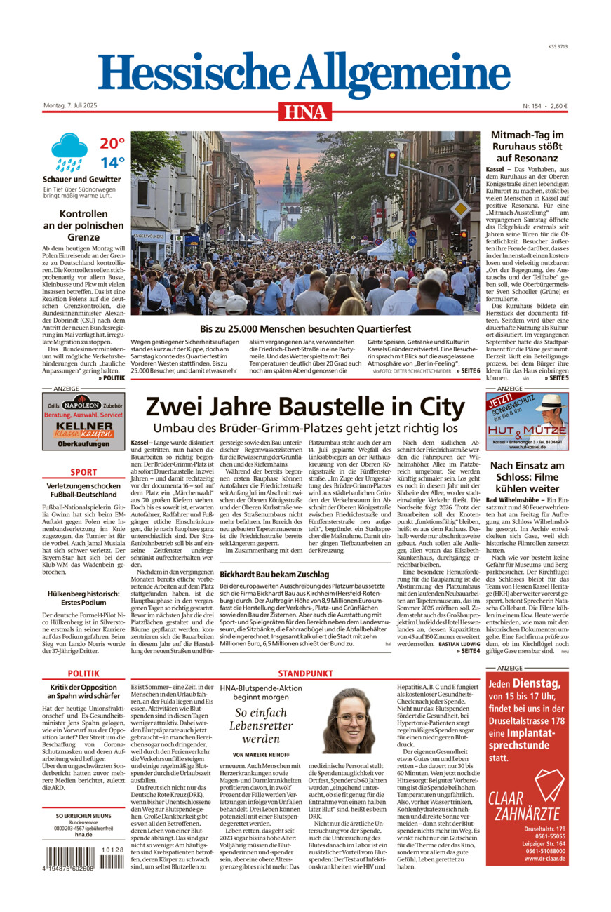 Hessische Allgemeine (Kassel-Mitte) vom Montag, 07.07.2025