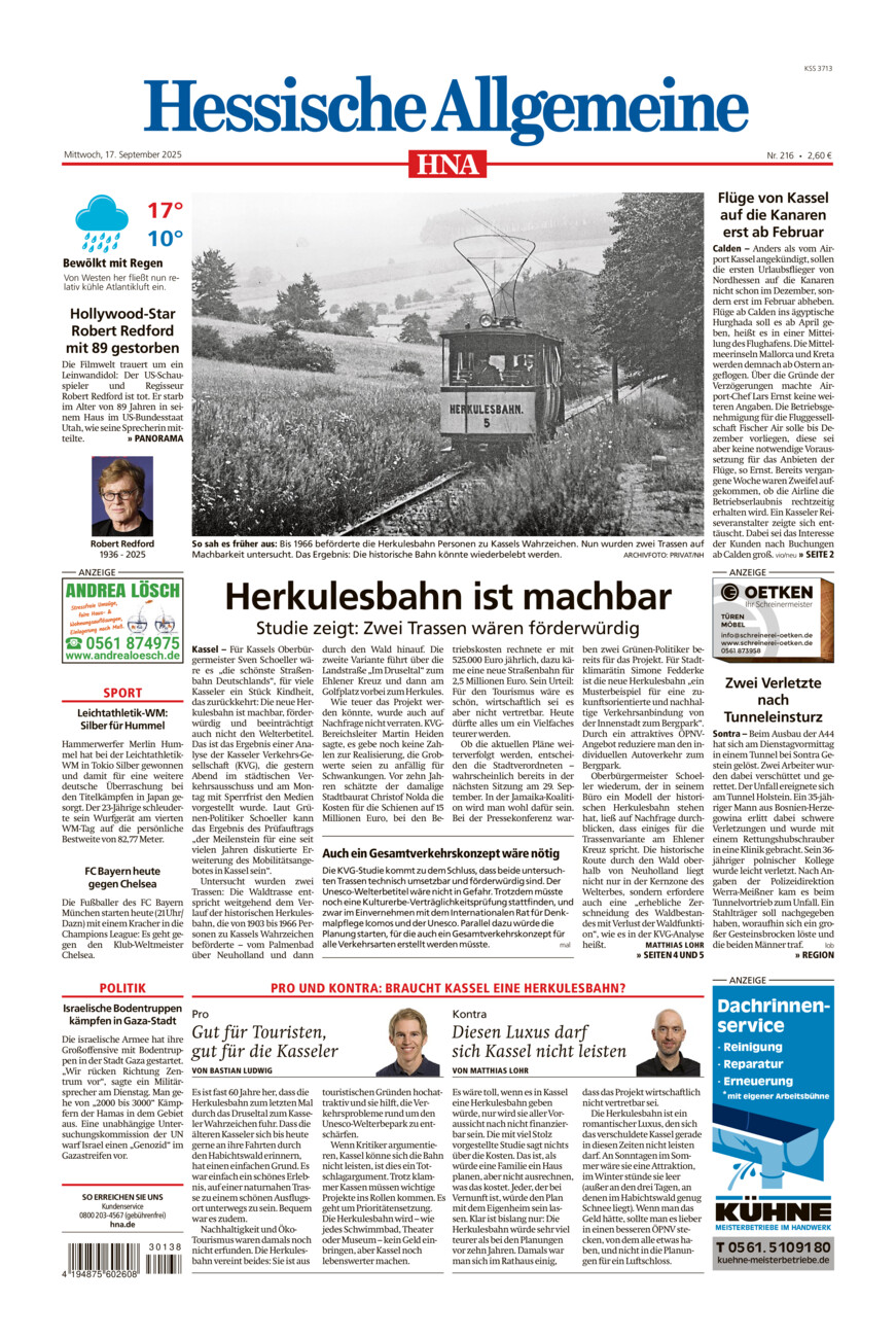 Hessische Allgemeine (Kassel-Mitte) vom Mittwoch, 17.09.2025