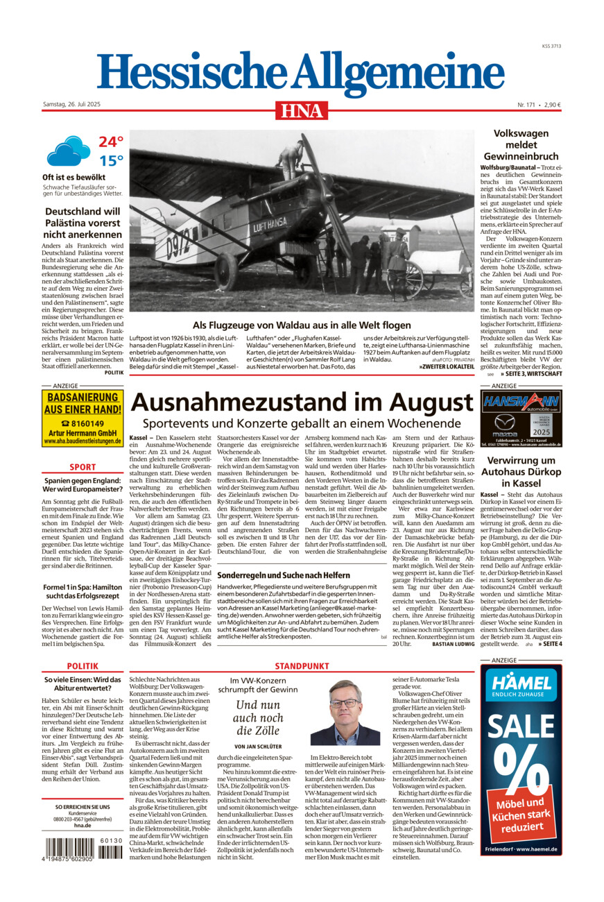 Hessische Allgemeine (Kassel-Mitte) vom Samstag, 26.07.2025