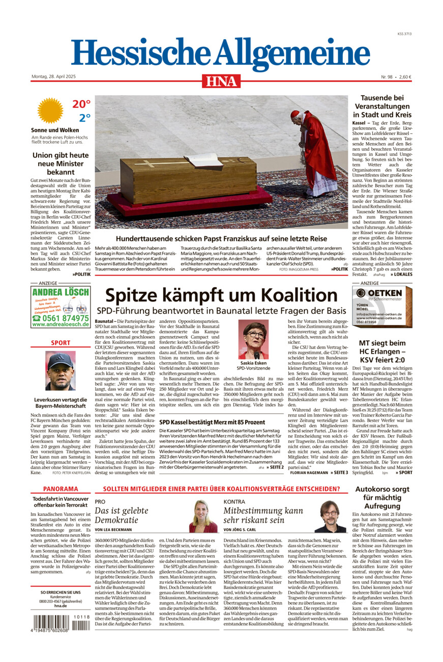 Hessische Allgemeine (Kassel-Mitte) vom Montag, 28.04.2025