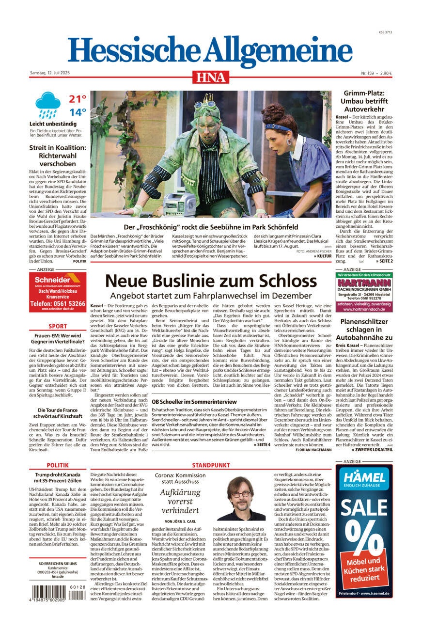 Hessische Allgemeine (Kassel-Mitte) vom Samstag, 12.07.2025