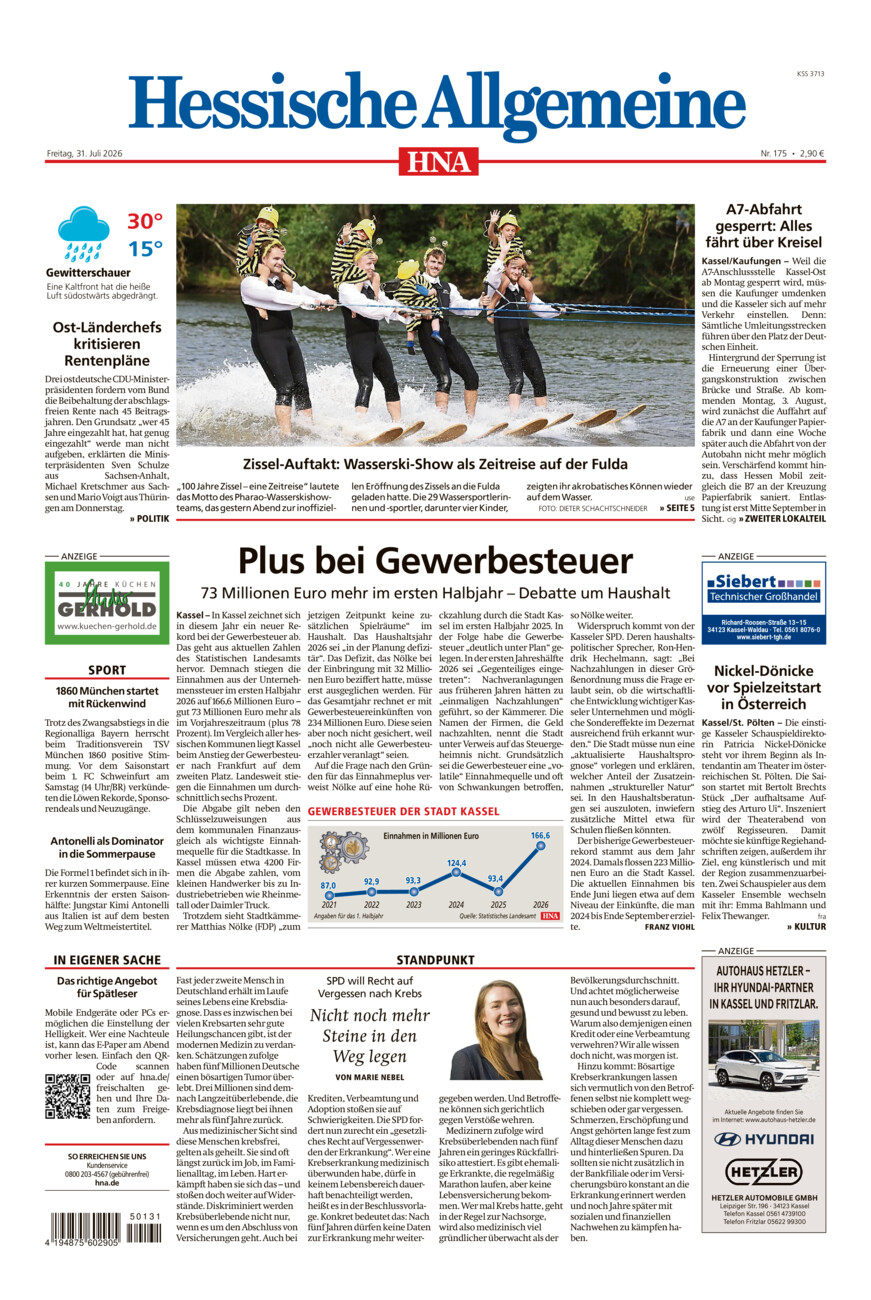 Hessische Allgemeine (Kassel-Mitte) vom Freitag, 31.07.2026