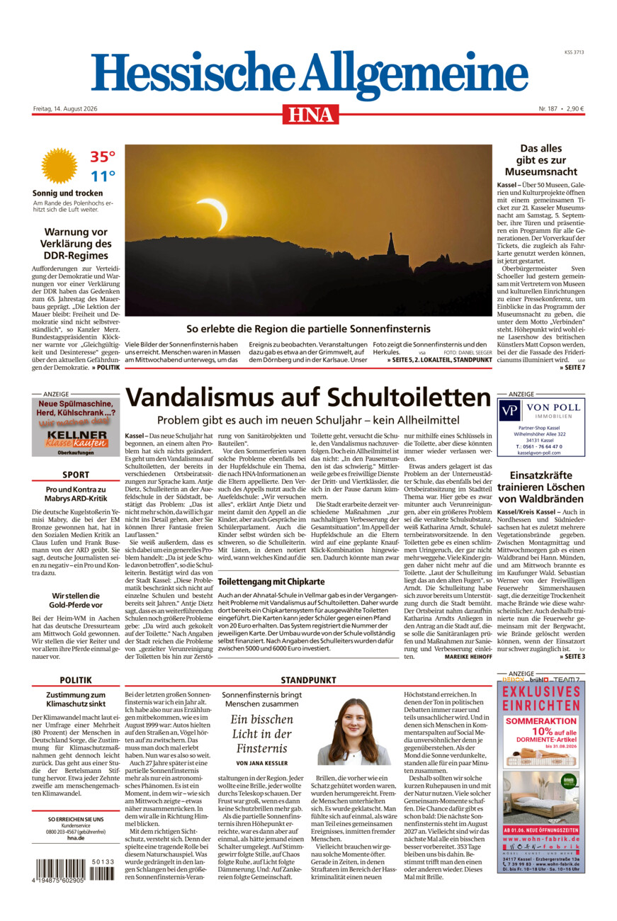 Hessische Allgemeine (Kassel-Mitte) vom Freitag, 14.08.2026