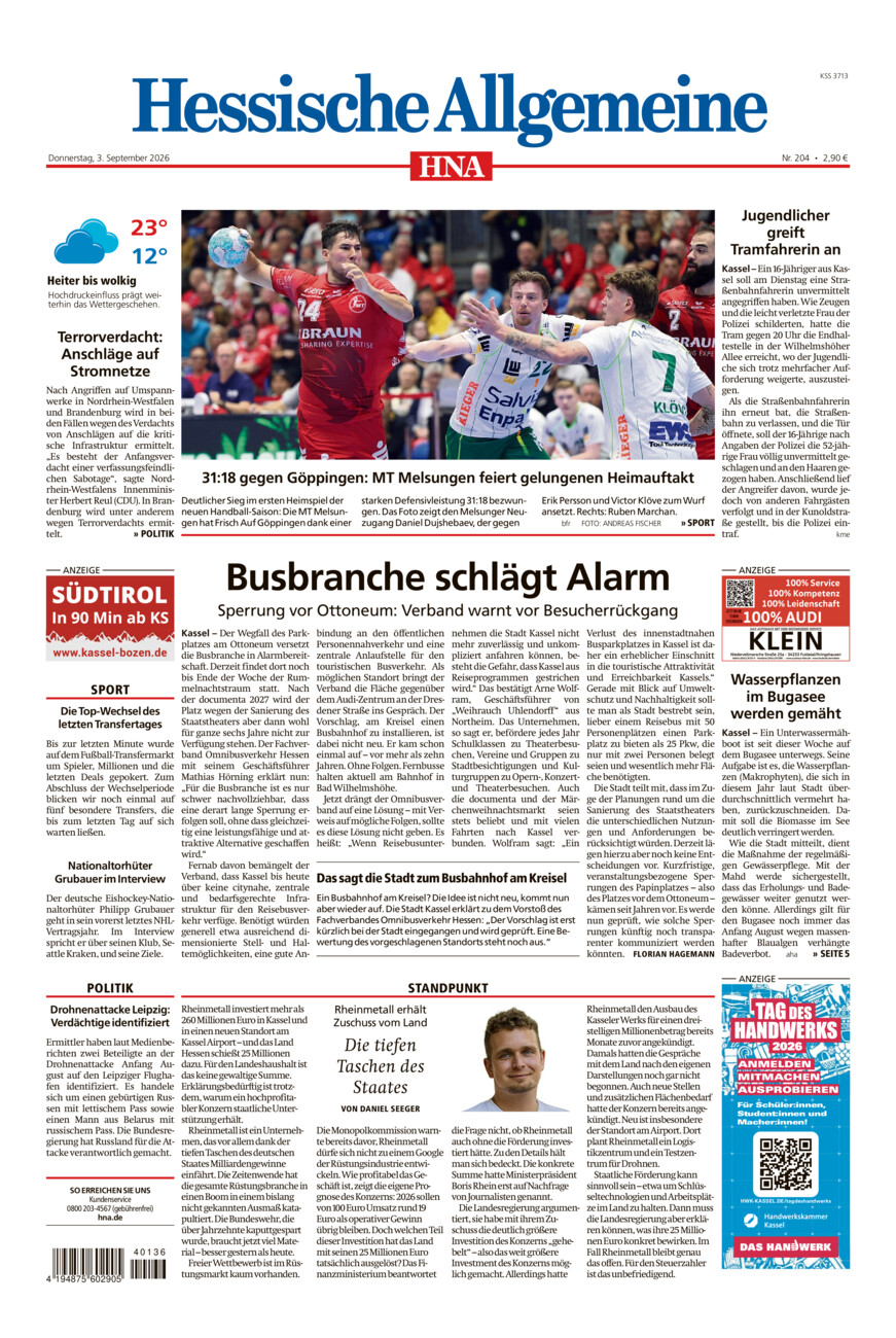 Hessische Allgemeine (Kassel-Mitte) vom Donnerstag, 03.09.2026