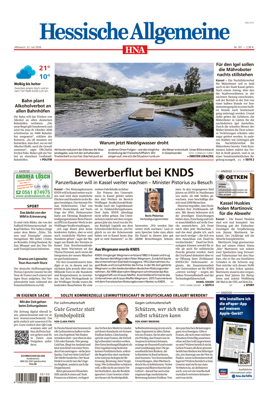 Hessische Allgemeine (Kassel-Mitte) vom Mittwoch, 22.07.2026