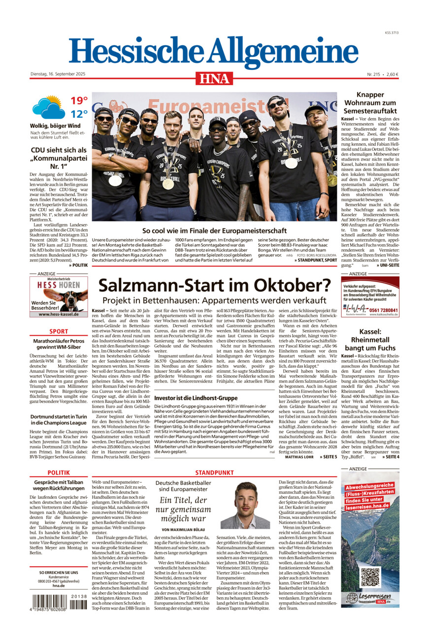 Hessische Allgemeine (Kassel-Mitte) vom Dienstag, 16.09.2025