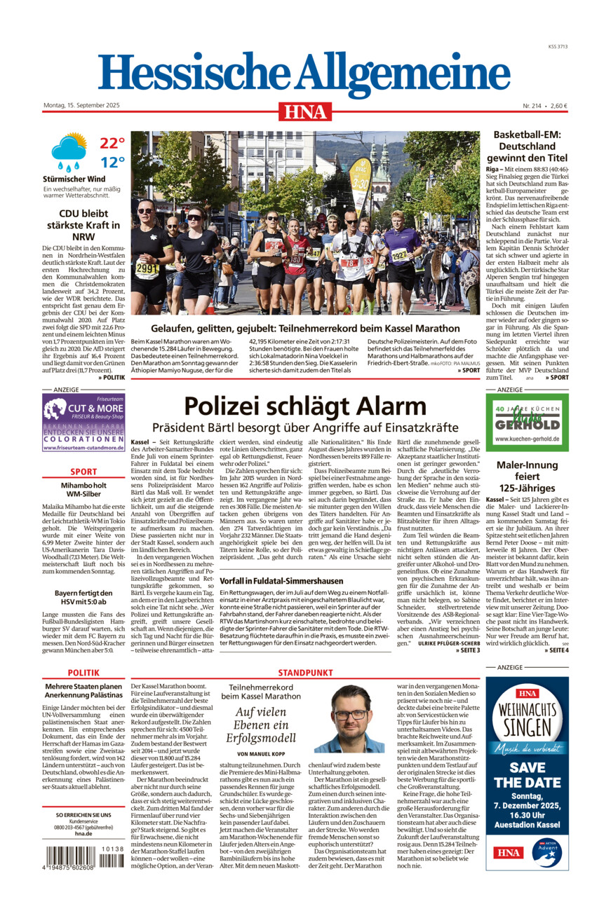 Hessische Allgemeine (Kassel-Mitte) vom Montag, 15.09.2025