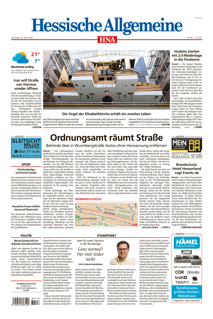 Hessische Allgemeine (Kassel-Mitte) vom Samstag, 18.04.2026