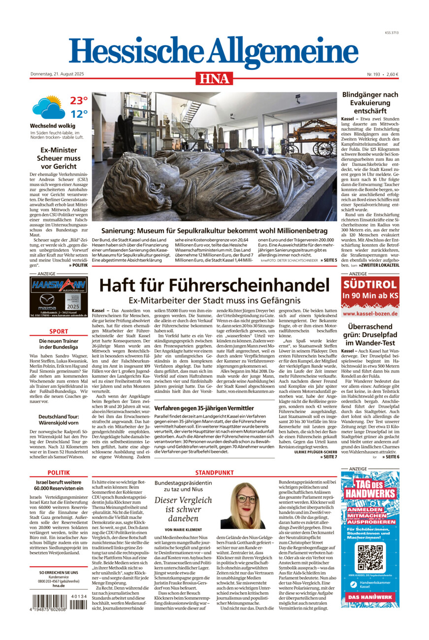Hessische Allgemeine (Kassel-Mitte) vom Donnerstag, 21.08.2025