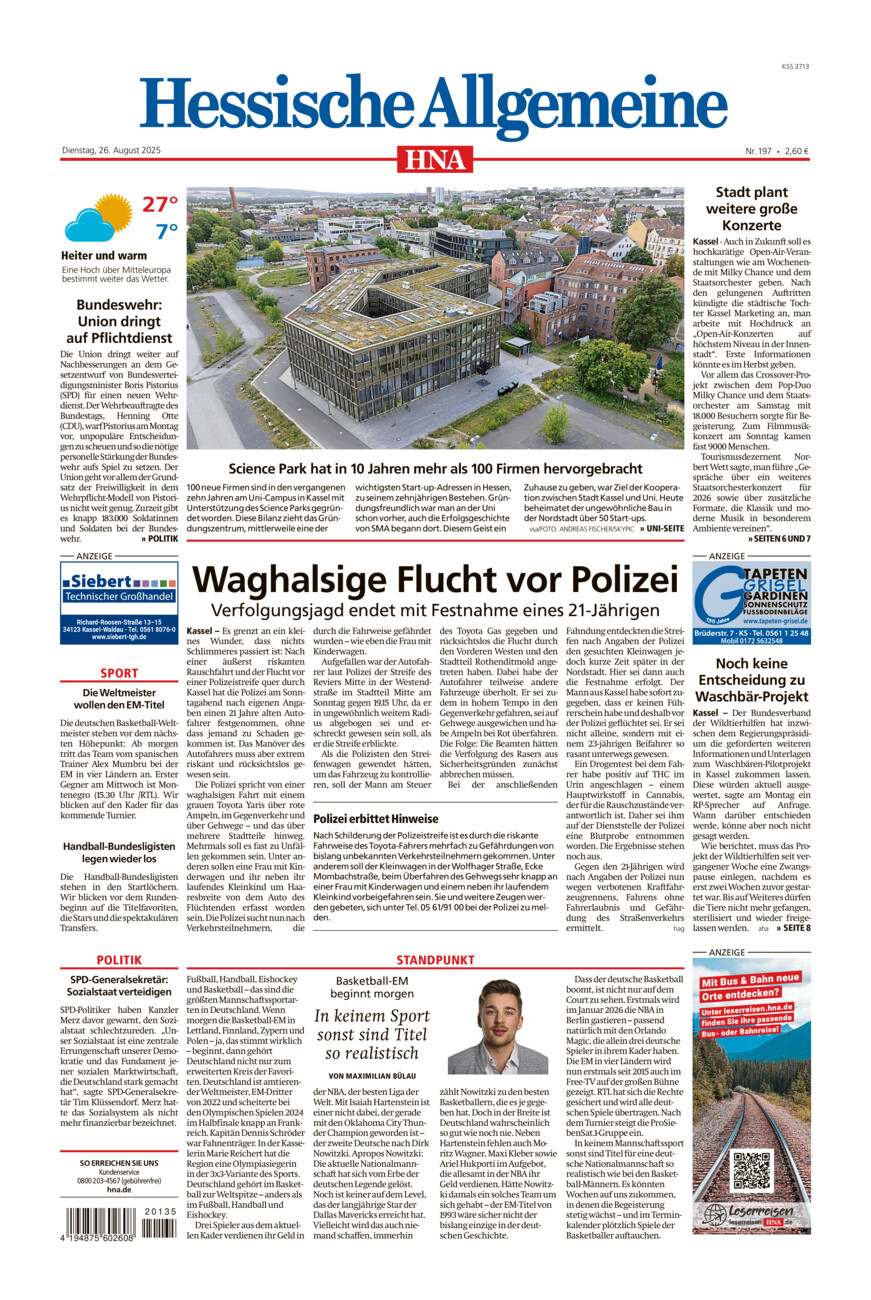 Hessische Allgemeine (Kassel-Mitte) vom Dienstag, 26.08.2025