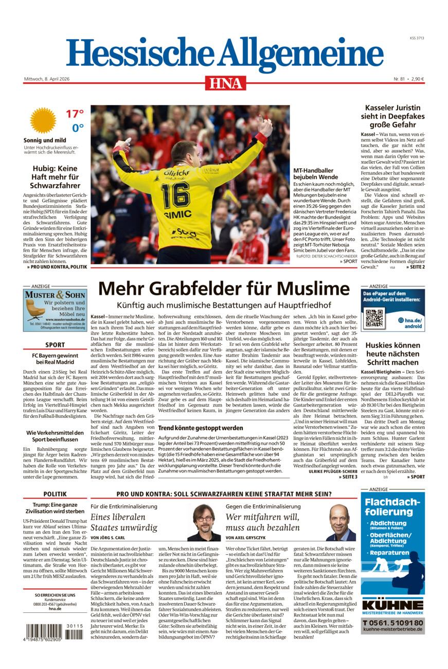 Hessische Allgemeine (Kassel-Mitte) vom Mittwoch, 08.04.2026