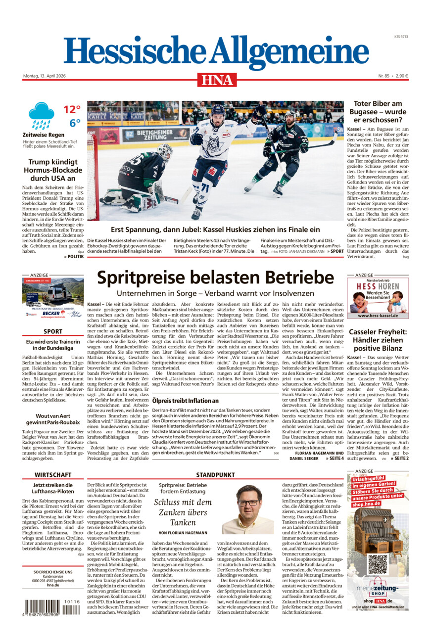 Hessische Allgemeine (Kassel-Mitte) vom Montag, 13.04.2026