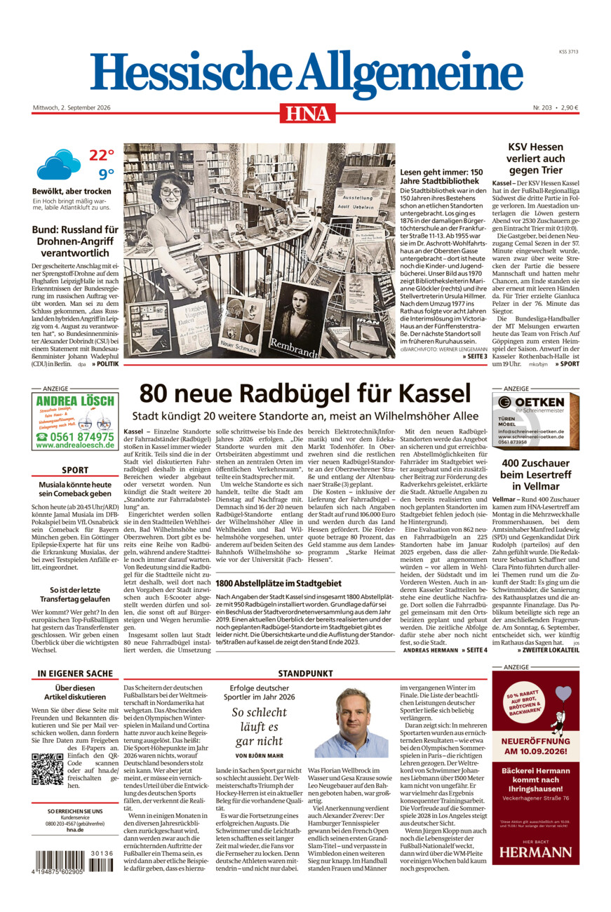 Hessische Allgemeine (Kassel-Mitte) vom Mittwoch, 02.09.2026