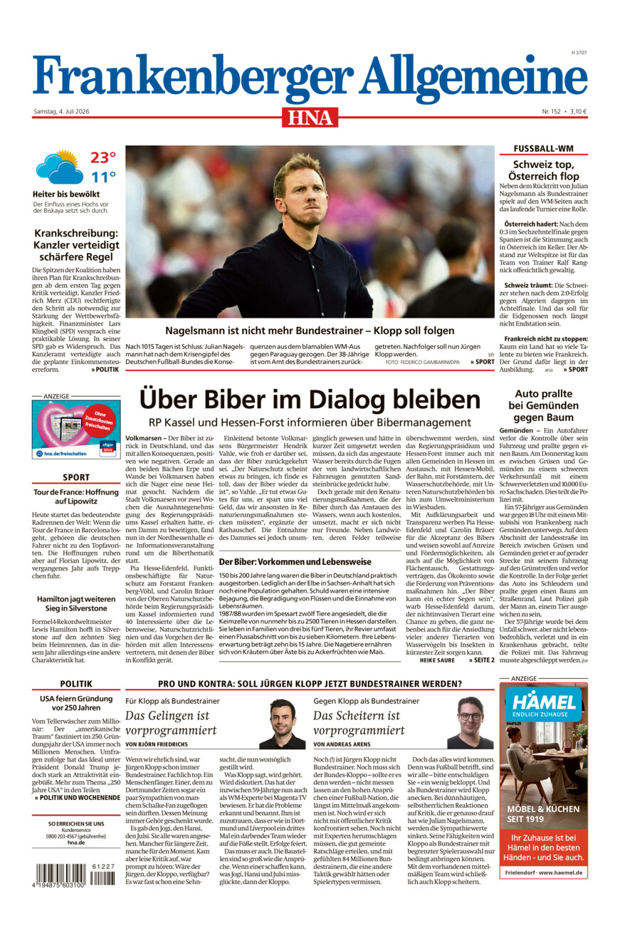 Frankenberger Allgemeine vom Samstag, 04.07.2026