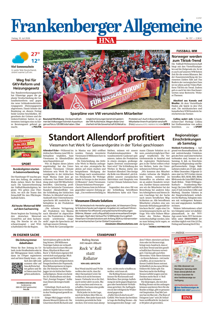 Frankenberger Allgemeine vom Freitag, 10.07.2026