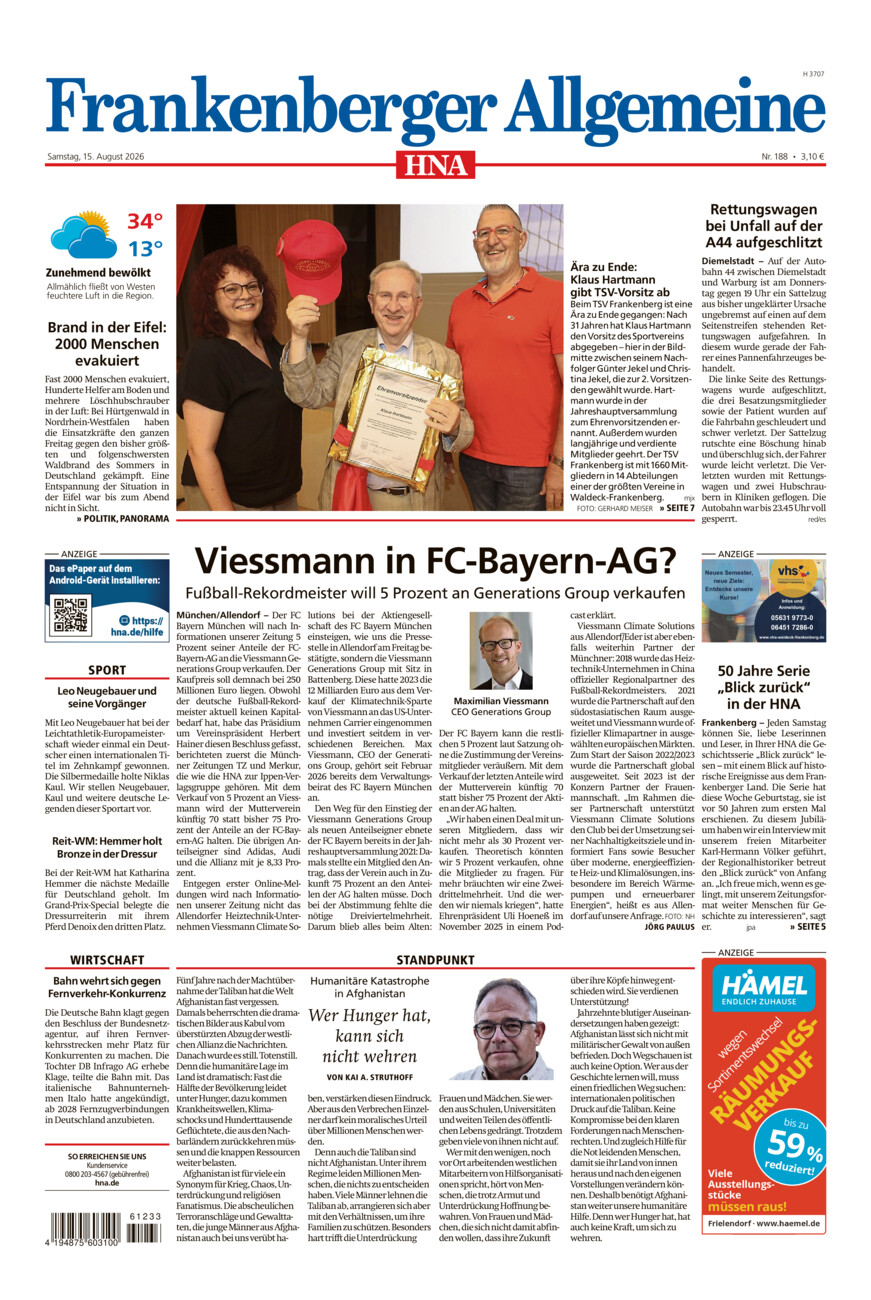 Frankenberger Allgemeine vom Samstag, 15.08.2026