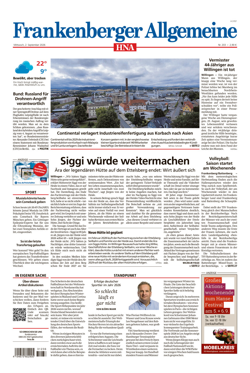 Frankenberger Allgemeine vom Mittwoch, 02.09.2026
